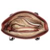 Top view of the Concealed Carry Carly Satchel by Lady Conceal in brown leather displays multiple beige-lined compartments, zippered pockets, and an interior key strap.