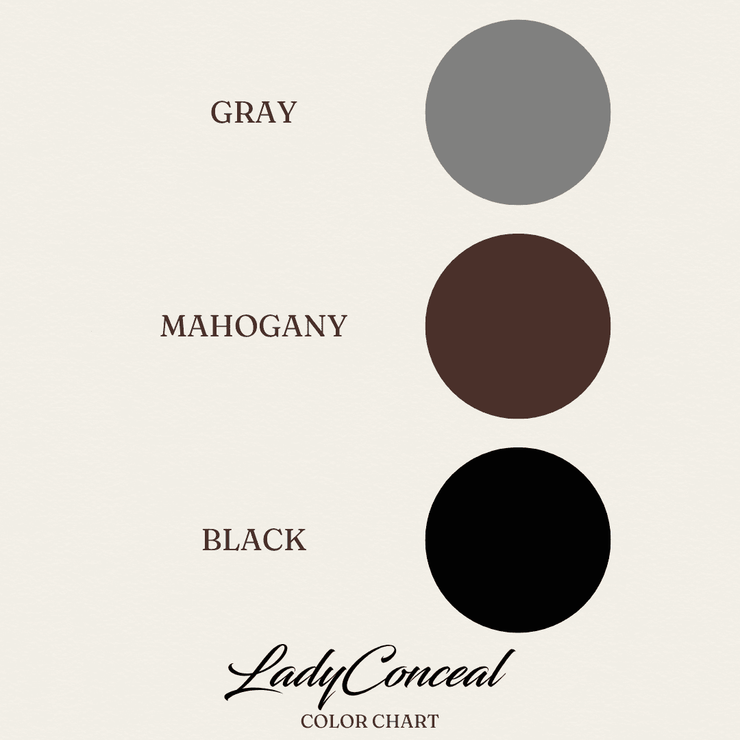 Three color swatches labeled gray, mahogany, and black are shown vertically with the text Emery Concealed Carry Purse Color Chart at the bottom.
