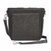 The BOHO Mini Crossbody Concealed Carry Purse is crafted from washable American cowhide and features a detachable strap plus a front pocket with an embossed floral pattern.