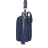 Side view of the Clutch-Style Concealed Carry Purse with Shoulder Strap in Blue, featuring blue leather, a zipper closure, silver hardware, and a decorative tassel attached to a chain.